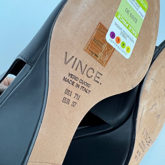 Vince Womens Kara Open Toe Wedge Sandal Black Leather Side Cutouts size 7 - Picture 14 of 16